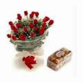 12 Red Roses Bunch With 16 Pieces Ferrero Rocher Box